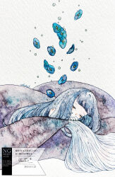 1girl abstract absurdres artist_name blanket bubble curled_up floating_flowers flower highres long_hair morning_glory nail_polish original painting_(medium) sleeping traditional_media tyokotippuaisu watercolor_(medium)