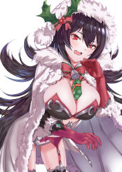 Rule 34 | 1girl, bell, between breasts, black bra, black hair, black thighhighs, blush, box, bra, breasts, chen bingyou, cleavage, cloak, dress, elbow gloves, fang, fur-trimmed cloak, fur trim, garter belt, gift, gift box, gloves, hair between eyes, hair ornament, hat, highres, holly hair ornament, ilya (christmas) (princess connect!), ilya (princess connect!), large breasts, long hair, looking at viewer, open clothes, open dress, open mouth, princess connect!, red eyes, red gloves, santa hat, short dress, short hair, simple background, slit pupils, solo, thighhighs, thighs, underwear, very long hair, white background, white cloak, white dress, white hat