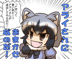 Rule 34 | 10s, 1girl, animal ears, araiguma rascal, bow, brown eyes, brown hair, clenched hand, coat, comic, commentary request, common raccoon (kemono friends), emphasis lines, fang, fur trim, gloves, grey hair, hisahiko, kemono friends, multicolored hair, open mouth, raccoon ears, short hair, smile, solo, translation request, upper body, white background