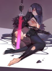 Rule 34 | 1girl, artist request, ass, barefoot, black gloves, black hair, black pantyhose, boots, breasts, breasts out, closed mouth, energy sword, full body, gloves, hair over one eye, headgear, high heel boots, high heels, iron saga, large breasts, long hair, looking at viewer, lying, md5 mismatch, mole, mole on breast, nipples, oboro (iron saga), on side, pantyhose, red eyes, resolution mismatch, single boot, solo, source smaller, sword, thigh boots, thighhighs, torn boots, torn clothes, torn legwear, very long hair, weapon