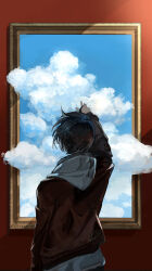 Rule 34 | 1other, absurdres, ambiguous gender, blue sky, cloud, floating hair, from behind, highres, jacket, kasumi yuzuha, long sleeves, original, outstretched arm, picture frame, portrait (object), red hair, red jacket, short hair, sky, solo, through medium, through painting, upper body