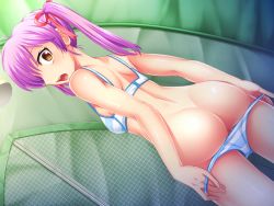 Rule 34 | 1girl, amano mitsurugi, ass, back, blush, bra, breasts, butt crack, game cg, legs, long hair, looking back, mama camp plus!, open mouth, panties, panty pull, pink hair, sideboob, small breasts, solo, standing, striped clothes, striped panties, surprised, thighs, twintails, underwear, undressing, yellow eyes