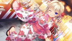 Rule 34 | 1girl, ambitious mission, blonde hair, blush, dutch angle, festival, floral print, game cg, grin, highres, hongou nijimu, japanese clothes, kimono, long hair, long sleeves, looking at viewer, moribe (rabumanyo), official art, photoshop (medium), sandals, smile, solo