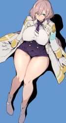 Rule 34 | 1girl, absurdres, blue background, blue eyes, breasts, brown hair, coat, epaulettes, gloves, gridman universe, highres, jacket, large breasts, military jacket, mujina, necktie, short hair, short necktie, simple background, sitting, solo, ssss.dynazenon, thick thighs, thighs, white gloves, yonekura (bakuzen)