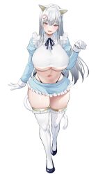 Rule 34 | 1girl, animal ears, black footwear, blue skirt, blush, breasts, cat ears, cat tail, fake animal ears, frills, full body, gloves, grey hair, hair ornament, hand up, highres, huge breasts, long hair, long sleeves, looking at viewer, miniskirt, navel, non-web source, oekakizuki, open mouth, original, paw hair ornament, red eyes, simple background, skirt, smile, solo, standing, tail, thighhighs, underboob, white background, white gloves, white thighhighs