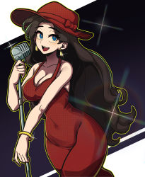 Rule 34 | 1girl, absurdres, bangle, blue eyes, blush, bracelet, breasts, brown hair, cleavage, dress, earrings, halter dress, halterneck, hat, highres, holding, holding microphone, jewelry, large breasts, lipstick, long hair, makeup, mario (series), masgamjya, mayor, microphone, microphone stand, nintendo, open mouth, pauline (mario), red dress, red hat, simple background, solo, super mario odyssey, thick eyebrows