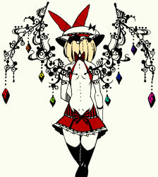 Rule 34 | 1girl, back, backless outfit, ballpoint pen (medium), black thighhighs, blonde hair, boku (isizakitakasi), bow, dress, flandre scarlet, hat, hat bow, mob cap, red dress, simple background, solo, thighhighs, touhou, traditional media, walking, white background, wings, zettai ryouiki