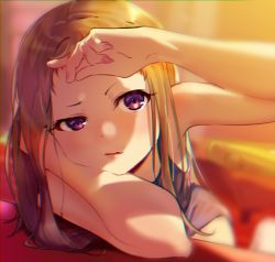 Rule 34 | 1girl, arm rest, bare arms, blurry, blurry background, brown hair, close-up, commentary, dot nose, evening, fang, fingernails, head rest, holding, holding own hair, idolmaster, idolmaster cinderella girls, koseki reina, lips, long hair, nail polish, parted lips, pink nails, purple eyes, raised eyebrow, school swimsuit, short bangs, short eyebrows, solo, straight hair, swimsuit, yumesaki nana