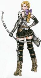 Rule 34 | 1girl, armor, bandages, bare shoulders, belt, black gloves, black skirt, black thighhighs, blonde hair, boots, bow, bow (weapon), breastplate, breasts, elbow gloves, expressionless, fantasy, from behind, full body, gloves, hair bow, hair bun, hand on own hip, high heel boots, high heels, highres, holding, holding weapon, long hair, looking at viewer, looking back, low ponytail, millidia, miniskirt, multiple belts, official art, pleated skirt, ponytail, quiver, simple background, single hair bun, skirt, solo, standing, thighhighs, valkyrie profile (series), valkyrie profile 2: silmeria, wavy hair, weapon, white background, yoshinari kou, yoshinari you, zettai ryouiki
