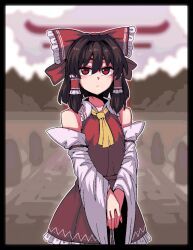 Rule 34 | 1girl, ascot, bare shoulders, black hair, blush, bow, closed mouth, detached sleeves, formicid, frilled skirt, frills, hair between eyes, hair bow, hair tubes, hakurei reimu, looking at viewer, red bow, red eyes, red skirt, ribbon-trimmed sleeves, ribbon trim, short hair, sidelocks, skirt, solo, touhou, upper body, white sleeves, wide sleeves, yellow ascot