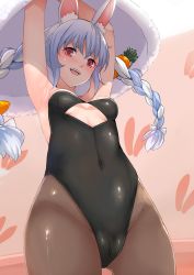 Rule 34 | 1girl, :d, animal ear fluff, animal ears, armpits, arms up, black leotard, blue hair, blush, bow, braid, breasts, breasts apart, brown pantyhose, cameltoe, carrot hair ornament, clothing cutout, covered navel, cowboy shot, dress, unworn dress, food-themed hair ornament, from below, fur-trimmed dress, fur trim, gluteal fold, hair bow, hair ornament, highleg, highleg leotard, highres, hololive, leotard, long hair, looking at viewer, looking down, multicolored hair, nonoririn, open mouth, pantyhose, pink background, rabbit ears, rabbit girl, red eyes, small breasts, smile, solo, strapless, strapless leotard, teeth, twin braids, two-tone hair, underboob, underboob cutout, upper teeth only, usada pekora, usada pekora (1st costume), virtual youtuber, white bow, white dress, white hair