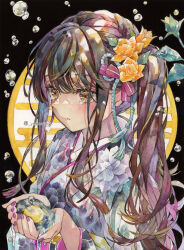 Rule 34 | 1girl, black background, brown eyes, brown hair, bubble, circle, commentary, cupping hand, floral print, flower, fringe trim, gradient hair, hair flower, hair ornament, hair ribbon, highres, holding liquid, japanese clothes, kimono, leaf, light blue ribbon, liquid, long hair, looking at object, multicolored eyes, multicolored hair, nail polish, obi, orange flower, original, painting (medium), parted lips, ponytail, purple kimono, purple nails, purple ribbon, ribbon, sash, solo, striped ribbon, tearing up, traditional media, twitter username, upper body, water, watercolor (medium), watermark, wavy hair, wide sleeves, yellow eyes, yellow sash, yukoring