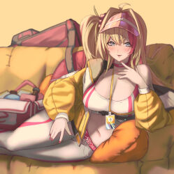 Rule 34 | 1girl, absurdres, ahoge, asymmetrical hair, bag, blonde hair, blue eyes, blush, bra, breasts, chest harness, choker, cleavage, commentary, couch, duffel bag, english commentary, feet out of frame, goddess of victory: nikke, hair between eyes, hair intakes, hair ornament, hair scrunchie, harness, hat, highres, jacket, jindogod, lanyard, large breasts, liveryn (nikke), long hair, looking at viewer, lying, mole, mole under eye, multicolored hair, navel, on side, open clothes, open jacket, padded jacket, pants, parted lips, pillow, pink choker, pink hair, pink hat, scrunchie, side ponytail, simple background, solo, sports bra, streaked hair, sweatdrop, tight clothes, tight pants, two-tone hair, underbust, underwear, visor cap, white bra, white pants, yellow background, yellow jacket, yoga pants