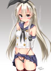 Rule 34 | 1girl, anchor, anchor hair ornament, arms behind back, bad id, bad nijie id, bare shoulders, bikini, black bow, blonde hair, blue skirt, blush, bow, brown thighhighs, bulge, dated, detached sleeves, erection, erection under clothes, futanari, gradient background, grey background, grey eyes, hair bow, hair ornament, kantai collection, long sleeves, mokufuu, navel, penis, pleated skirt, shimakaze (kancolle), shirt, skirt, solo, swimsuit, thighhighs, thong bikini, twitter username, white shirt