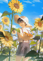 Rule 34 | 1boy, black hair, blouse, blue sky, chinese commentary, cloud, cloudy sky, commentary request, crossed arms, day, feet out of frame, flower, food, hat, highres, holding, holding food, leaf, male focus, open mouth, original, outdoors, purple eyes, shirt, short hair, short sleeves, shorts, sky, smile, solo, standing, straw hat, sun hat, sunflower, suspenders, white shirt, xiaojiaju