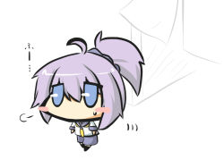 Rule 34 | 10s, 1girl, ahoge, aoba (kancolle), blue eyes, blush stickers, chibi, commentary request, goma (gomasamune), hair ornament, kantai collection, ponytail, purple hair, school uniform, serafuku, simple background, solo, sweat, text focus, translation request, white background