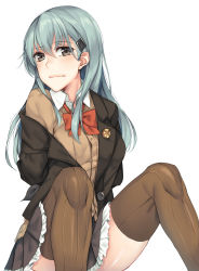 Rule 34 | 10s, 1girl, black jacket, blouse, brown skirt, brown sweater, brown thighhighs, cardigan, green eyes, green hair, grey eyes, hair between eyes, hair ornament, hairclip, highres, jacket, kantai collection, long hair, long sleeves, neck ribbon, off shoulder, open clothes, open jacket, pleated skirt, red ribbon, remodel (kantai collection), ribbed legwear, ribbon, rinarisa, school uniform, shirt, simple background, skirt, solo, suzuya (kancolle), sweater, thighhighs, wavy mouth, white background, white shirt