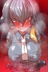 Rule 34 | 10s, 1girl, arms at sides, bird wings, black gloves, black hair, blush, bodystocking, breast pocket, breasts, closed mouth, collared shirt, covered erect nipples, cowboy shot, fingerless gloves, gloves, grey hair, grey shirt, grey shorts, head wings, highres, huge breasts, kemono friends, large breasts, leaning forward, long hair, looking at viewer, low ponytail, multicolored hair, necktie, orange hair, pocket, shirt, shoebill (kemono friends), shorts, side ponytail, silver shirt, silver shorts, solo, sweat, wanaata, white necktie, wide-eyed, wings, yellow eyes