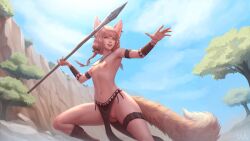Rule 34 | 1girl, animal ears, blonde hair, braid, cleft of venus, day, flat chest, fox ears, fox tail, highres, holding, holding polearm, holding weapon, khiara (personal ami), leg wrap, loincloth, navel, nipples, no panties, orange eyes, original, outdoors, personal ami, polearm, pussy, solo, spear, tail, thigh strap, throwing, topless, ullr, uncensored, weapon