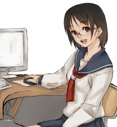 Rule 34 | computer, glasses, keyboard (computer), original, school uniform, serafuku, simple background, solo, tamaru tokihiko, white background
