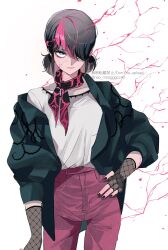 Rule 34 | 1girl, black gloves, black hair, black jacket, blazer, blue eyes, broken, closed mouth, gloves, goth fashion, highres, jacket, looking at viewer, marinette dupain-cheng, miraculous ladybug, open clothes, open jacket, pants, pink pants, pink shawl, seio (nao miragggcc45), shawl, shirt, short twintails, solo, twintails, white background, white shirt