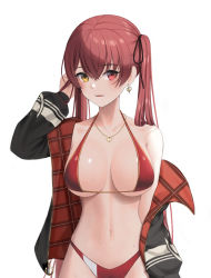 Rule 34 | 1girl, absurdres, bad id, bad pixiv id, bikini, black jacket, breasts, doenji (auto7233), earrings, hair between eyes, heart, heart earrings, heart necklace, heterochromia, highres, hololive, houshou marine, houshou marine (summer), jacket, jewelry, large breasts, long hair, looking at viewer, navel, necklace, official alternate costume, red bikini, red eyes, red hair, simple background, solo, swimsuit, twintails, virtual youtuber, white background, yellow eyes