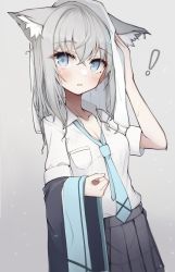 Rule 34 | !, 1girl, animal ear fluff, animal ears, blue archive, blue eyes, blue necktie, breasts, cat ears, cat girl, cleavage, drying, drying hair, grey background, grey hair, grey skirt, highres, long hair, looking at viewer, loose necktie, matchadzuke, necktie, school uniform, shiroko (blue archive), shirt, short sleeves, simple background, skirt, small breasts, solo, towel, towel on head, unbuttoned, upper body, wet, wet clothes, white shirt