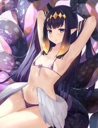 Rule 34 | 1girl, armpits, arms behind head, arms up, bikini, blonde hair, blunt bangs, blush, commentary, diamond hairband, flat chest, frilled bikini, frills, front-tie bikini top, front-tie top, gradient hair, hololive, hololive english, long hair, looking at viewer, low wings, micro bikini, mr.canaryy, multicolored hair, navel, ninomae ina&#039;nis, nipples, orange hair, pointy ears, pout, purple background, purple eyes, purple hair, solo, swimsuit, tentacle hair, tentacles, two-tone hair, very long hair, virtual youtuber, wings