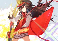 Rule 34 | 1girl, bad id, bad twitter id, black hair, commentary request, fate/grand order, fate (series), grin, guitar, hat, headphones, headphones around neck, instrument, long hair, m/, namie-kun, oda nobunaga (fate), oda nobunaga (koha-ace), peaked cap, red eyes, skirt, smile, smoke, solo, striped clothes, striped skirt