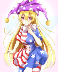 Rule 34 | 1girl, aged up, american flag dress, american flag legwear, bad id, bad pixiv id, blonde hair, blue dress, blue pantyhose, blush, breasts, clenched hand, clownpiece, commentary request, cowboy shot, dress, fairy wings, finger to cheek, gradient background, hair between eyes, hand up, hat, highres, index finger raised, jester cap, long hair, looking at viewer, medium breasts, musteflott419, neck ruff, pantyhose, pink background, pink eyes, polka dot, polka dot headwear, purple hat, red dress, red pantyhose, short dress, short sleeves, smile, solo, standing, star (symbol), star print, striped clothes, striped dress, striped pantyhose, thighs, touhou, very long hair, white background, white dress, white pantyhose, wings
