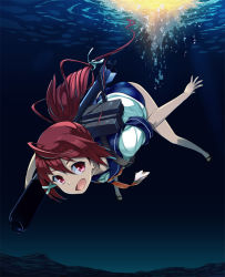 Rule 34 | 10s, 1girl, :d, freediving, hair ribbon, i-168 (kancolle), kantai collection, long hair, looking at viewer, one-piece swimsuit, open mouth, personification, ponytail, red eyes, red hair, ribbon, sakumo (karatama), sandals, school swimsuit, school uniform, serafuku, smile, solo, swimming, swimsuit, swimsuit under clothes, torpedo, underwater, water