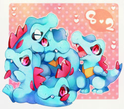 Rule 34 | :d, angry, biting, biting another&#039;s tail, clone, closed eyes, creatures (company), fangs, game freak, gen 2 pokemon, heart, nintendo, no humans, okamori kuo, open mouth, pink eyes, pokemon, pokemon (creature), polka dot, polka dot background, sharp teeth, smile, sweatdrop, tail, tail biting, teeth, totodile