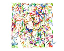 Rule 34 | 1girl, blush, collarbone, colorful, cropped torso, flower, green eyes, hatching (texture), leaning to the side, looking at viewer, neckerchief, original, sailor collar, school uniform, serafuku, short hair, short sleeves, signature, smile, solo, square, sunflower, traditional media, upper body, watanabe tomari, white background
