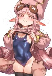 Rule 34 | 1girl, blush, breasts, button eyes, buttons, clothes lift, ebora, fate/grand order, fate (series), habetrot (fate), hat, highres, jacket, long hair, long sleeves, looking at viewer, one-piece swimsuit, pink hair, pink hat, pink jacket, pointy ears, red eyes, sidelocks, small breasts, smile, solo focus, swimsuit, thighhighs