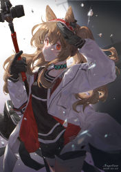 Rule 34 | 1girl, angelina (arknights), animal ears, arknights, bag, black gloves, black shirt, black shorts, breasts, brown hair, character name, choker, closed mouth, coat, cowboy shot, dated, duffel bag, gloves, hairband, highres, holding, holding staff, long hair, long sleeves, looking at viewer, mie lu, open clothes, open coat, red hair, salute, shirt, shorts, small breasts, smile, solo, staff, twintails, white coat