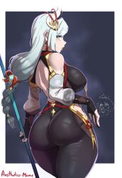 Rule 34 | 1girl, absurdres, aestheticc-meme, ass, ass focus, back, black gloves, blue eyes, bodysuit, braid, breasts, clothing cutout, from behind, genshin impact, gloves, grey hair, hair ornament, highres, hip vent, huge ass, large breasts, long hair, looking at viewer, looking back, low-braided long hair, low-tied long hair, shenhe (genshin impact), solo, tassel, thick thighs, thighs, very long hair, white hair, wide hips