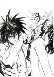 Rule 34 | 2boys, absurdres, belt, choze, greyscale, highres, horns, long hair, looking at viewer, monochrome, multiple boys, murata yuusuke, muscular, nipples, official art, one-punch man, pants, parted lips, scan, sharp teeth, simple background, spiked hair, standing, suiryuu (one-punch man), sweat, teeth, traditional media, white background
