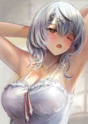 Rule 34 | 1girl, absurdres, armpits, arms behind head, arms up, blush, braid, breasts, camisole, cleavage, grey hair, hair ornament, hairclip, highres, hololive, holox, ke-shin8, large breasts, multicolored hair, one eye closed, open mouth, red eyes, sakamata chloe, short hair, single braid, spaghetti strap, streaked hair, sweat, turning head, virtual youtuber, white camisole