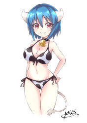 Rule 34 | 1girl, absurdres, animal print, bad id, bad pixiv id, bell, bikini, blue hair, blush, breasts, collar, cow girl, cow print, cow tail, front-tie bikini top, front-tie top, groin, highres, horns, jashin-chan dropkick, large breasts, looking at viewer, minos (jashin-chan dropkick), navel, neck bell, print bikini, red eyes, side-tie bikini bottom, simple background, smile, solo, swimsuit, tail, white background, yuuki shushu