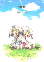 Rule 34 | 1boy, 1girl, bad id, bad pixiv id, blonde hair, blue eyes, brother and sister, child, cloud, copyright name, day, full body, grass, hat, infinite undiscovery, outdoors, pants, red eyes, rico (infinite undiscovery), rucha, rucha (infinite undiscovery), shawl, shoes, short hair, siblings, sitting, sky, smile, suzushiro haru, twins