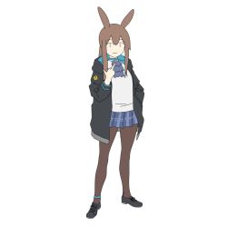 Rule 34 | 1girl, amiya (arknights), animal ears, arknights, black footwear, black pantyhose, choker, full body, hood, hood down, hooded jacket, jacket, jewelry, kofucchi, long hair, middle finger, miniskirt, multiple rings, neck ring, open clothes, open jacket, pantyhose, plaid, plaid skirt, pleated skirt, rabbit ears, rabbit girl, ring, shoes, skirt, smile, solo, standing, sweater, very long hair, white background, white sweater