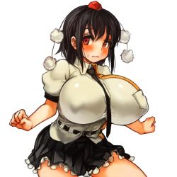Rule 34 | 1girl, before and after, black hair, blush, breasts, embarrassed, female focus, hat, huge breasts, looking at viewer, looking away, necktie, perky breasts, red eyes, sachito, shameimaru aya, skirt, solo, tokin hat, touhou, wavy mouth