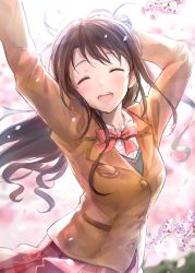 Rule 34 | 1girl, :d, ^ ^, arm behind head, arms up, backlighting, blazer, blurry, blurry background, blush, bow, bowtie, brown hair, brown jacket, cherry blossoms, closed eyes, emblem, facing viewer, idolmaster, idolmaster cinderella girls, jacket, long hair, long sleeves, open mouth, red bow, red bowtie, red skirt, school uniform, shimamura uzuki, skirt, smile, solo, takeashiro, upper body