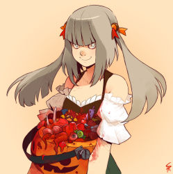 Rule 34 | 1girl, blood, blood on clothes, candy, detached sleeves, entrails, eyeball, food, grey eyes, grey hair, halloween, jack-o&#039;-lantern, organs, original, shaun healey, simple background, smile, solo, twintails