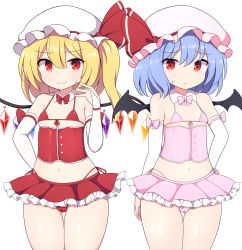 Rule 34 | 2girls, arm behind back, bat wings, bikini, cameltoe, cleft of venus, collar, detached collar, flandre scarlet, flat chest, hat, micro bikini, mob cap, multiple girls, pink bikini, red bikini, red eyes, remilia scarlet, revealing clothes, ribbon, rizento, siblings, simple background, sisters, skirt, split mouth, swimsuit, thigh gap, thighs, touhou, white background, wings