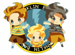 Rule 34 | 3boys, alternate color, blonde hair, blue eyes, blue footwear, blue outline, blush stickers, brown hair, brown shorts, character print, claus (mother 3), claus (mother 3) (cosplay), closed mouth, cosplay, franklin badge, grey hair, grey shirt, hitofutarai, lucas (mother 3), male focus, masked man (mother 3), mother (game), mother 3, multiple boys, nintendo, open mouth, orange shorts, outline, outstretched arm, outstretched arms, player 2, shirt, shorts, smile, solid oval eyes, spread arms, striped clothes, striped shirt, super smash bros., white background, yellow shirt