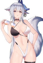 Rule 34 | 1girl, absurdres, animal ears, azur lane, bare shoulders, bikini, black bikini, black choker, breasts, choker, cleavage, commentary request, fox ears, fox mask, fox tail, gluteal fold, hair between eyes, halterneck, highleg, highres, large breasts, liangfen, long hair, looking at viewer, mask, mask on head, navel, revision, simple background, solo, sunglasses removed, swimsuit, tail, thigh strap, tosa (azur lane), tosa (hometown zest) (azur lane), two-tone bikini, white background, white bikini