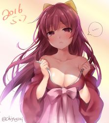 Rule 34 | 10s, 1girl, bare shoulders, blush, bow, breasts, chiyingzai, cleavage, closed mouth, collarbone, dated, eyebrows, frown, gradient background, hair bow, hakama, hakama skirt, japanese clothes, kamikaze (kancolle), kantai collection, kimono, large breasts, long hair, looking at viewer, meiji schoolgirl uniform, no bra, off shoulder, open clothes, pink hakama, purple eyes, purple hair, simple background, sketch, skirt, solo, spoken squiggle, squiggle, twitter username, upper body, very long hair