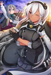 Rule 34 | 2girls, absurdres, ahoge, black gloves, black legwear, blue hair, bow, bowtie, breasts, cannon, commentary request, dark-skinned female, dark skin, glasses, gloves, grey eyes, grey hair, hair between eyes, highres, jacket, jacket on shoulders, kantai collection, kikumon, kiyoshimo (kancolle), large breasts, long hair, low twintails, machinery, miniskirt, multicolored hair, multiple girls, musashi (kancolle), musashi kai ni (kancolle), ocean, one eye closed, pantyhose, red eyes, shirt, short hair with long locks, skirt, sunset, turret, twintails, type 91 armor-piercing shell, very long hair, white hair, white shirt, yunamaro