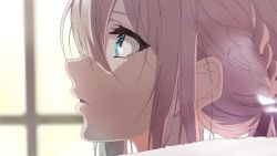 Rule 34 | 1girl, blonde hair, blue eyes, braid, close-up, commentary request, derivative work, from side, hair between eyes, highres, looking to the side, parted lips, portrait, profile, sidelocks, solo, violet evergarden, violet evergarden (series), yuuri-622